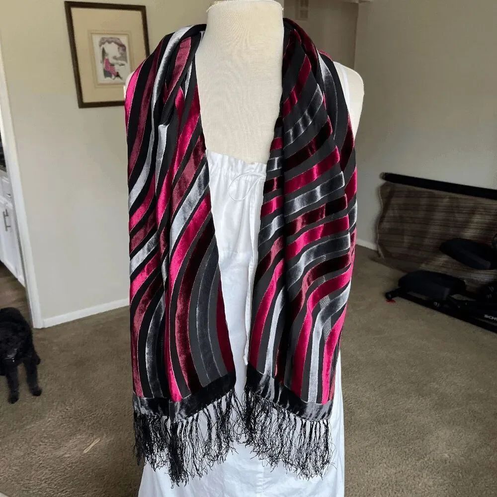 VTG Silk Velvet Devore Scarf Opera Evening Fringe Witchy Dark Romantic 13x58